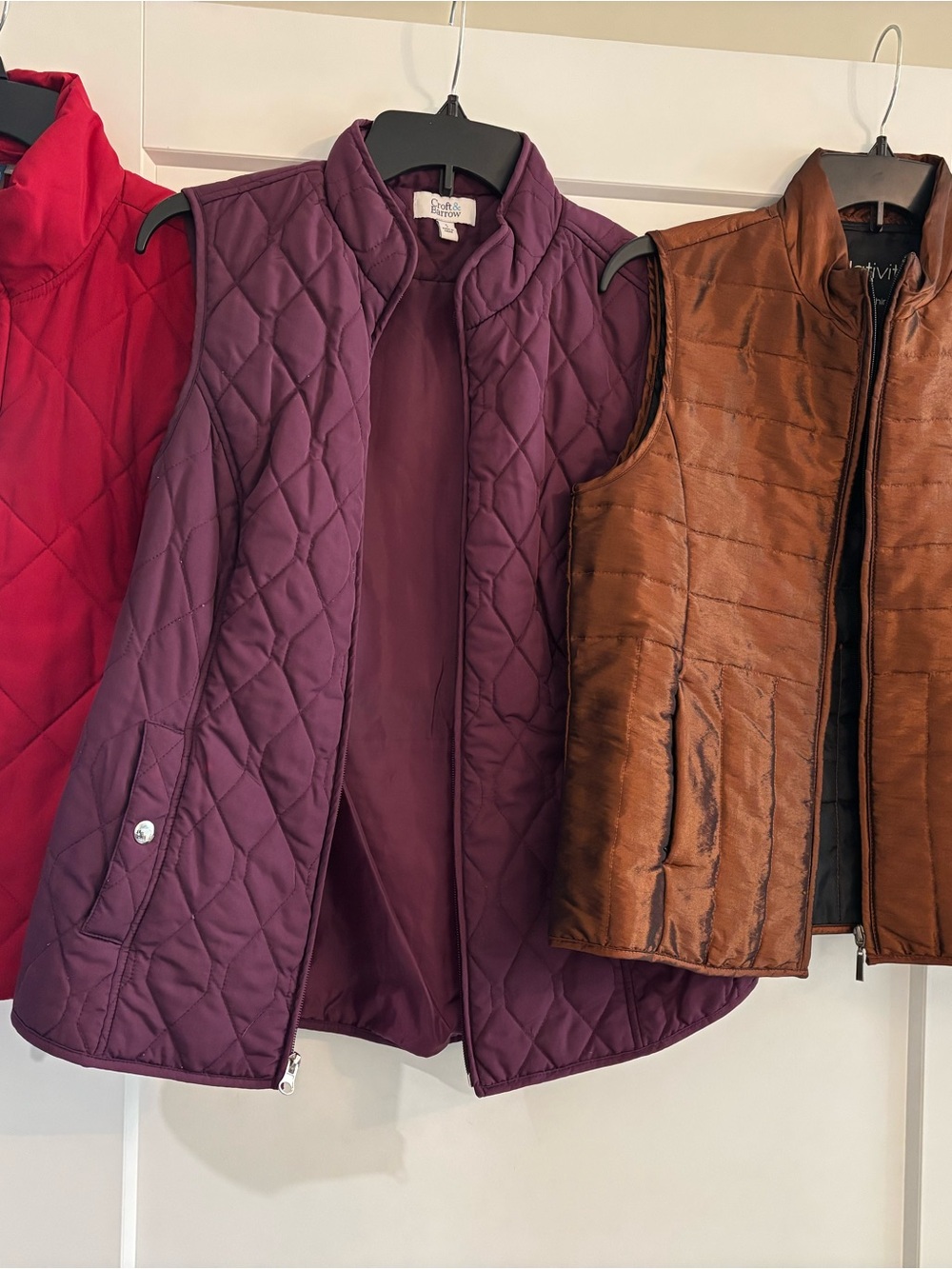 Lot of 3 Quilted Vests in Deep Plum, Rust and Red